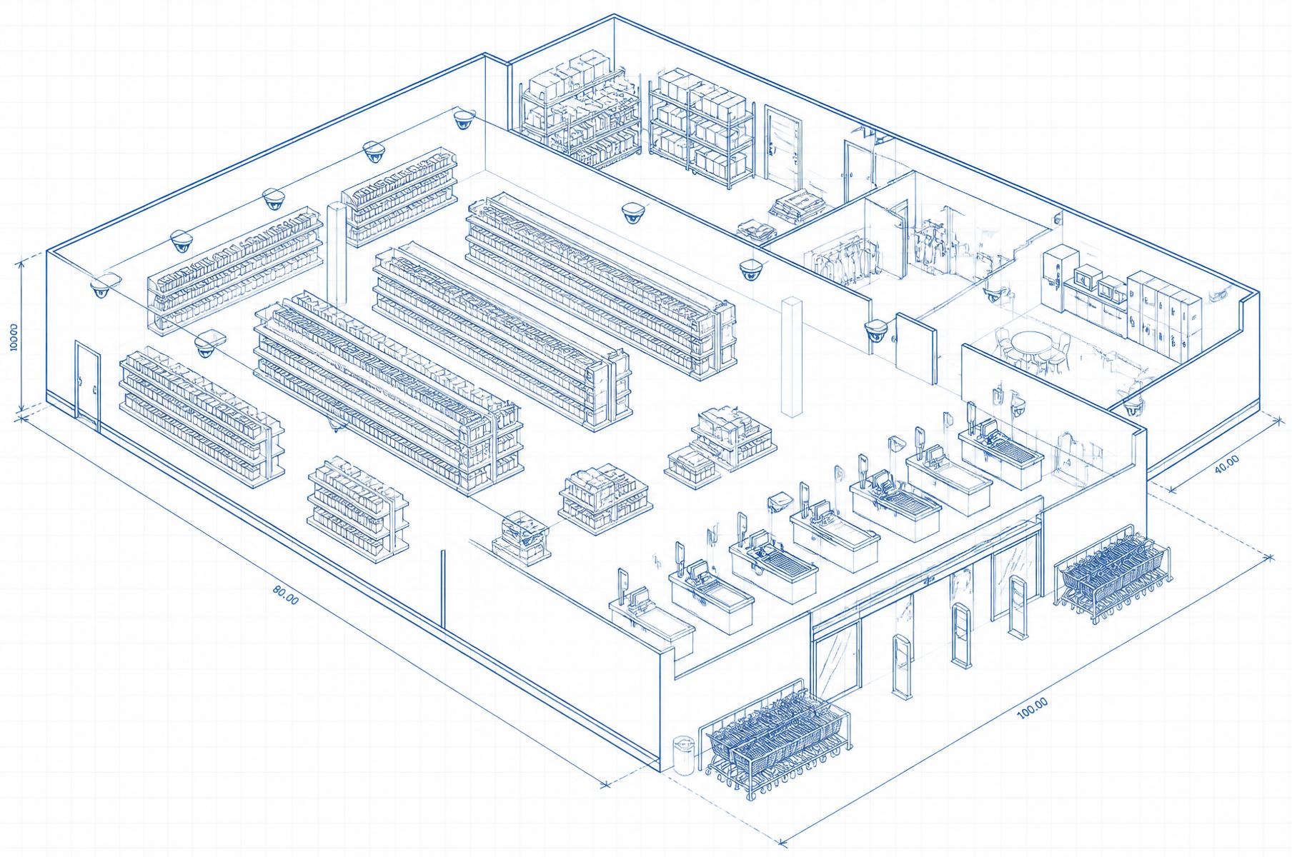 Blueprint illustration of a retail store floor plan